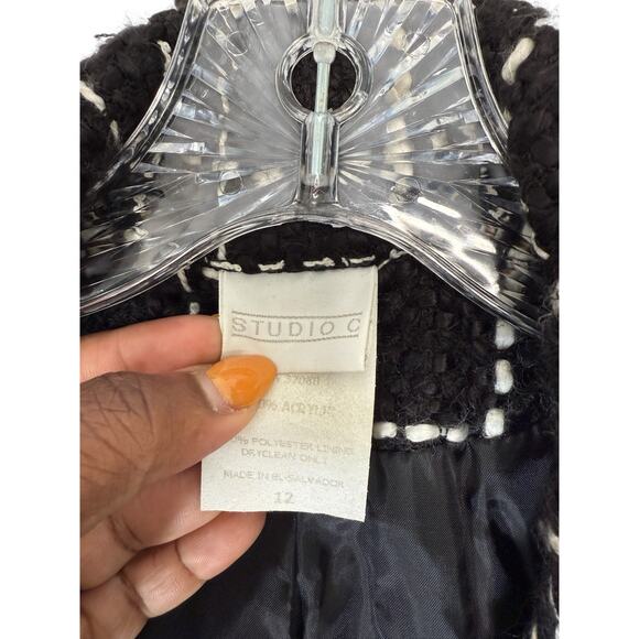 Vintage Blazer Women's Black White Tweed Twee Fringe Dressy Office Work Size 12 - Picture 2 of 13